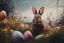 A Curious Brown Rabbit Among Colorful Easter Eggs Nestled In Spring Grass With Soft-focus Flowers And A Dreamy Sky.