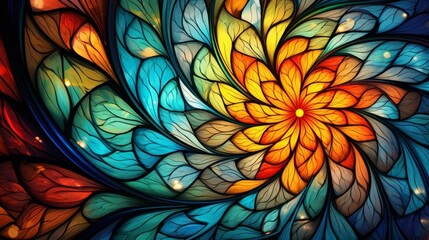 Stained glass window background with colorful whirlpool abstract.