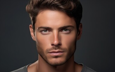 Face, beauty and eye of a man with clean, glow and healthy skin on a grey studio background for dermatology skin care.