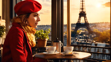 Stylish One Young Adult Caucasian Girl In Red Beret With Cup Of Coffee In Parisian Street Cafe On Eiffel Tower Background. Woman Sit In Autumn Fall In Paris. Winter Time. Breakfast Time. Generative Ai