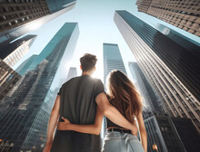 A Young Couple In Love Stands In A Big City And Looks Up At The High-rise Buildings. Backlit Wide Angle Shot With Frog Perspective. And Sun Rays.
