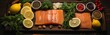 Fresh salmon stacked with lemon and herbs, Healthy food with omega-3, ready to cook. Concept: menu for culinary sites, restaurants or healthy food recipes.