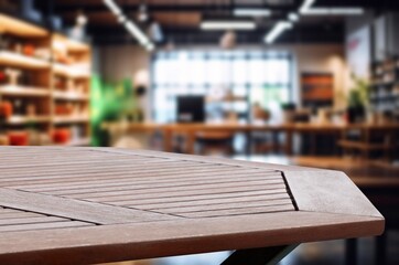 Poster - Empty wooden desk and blurred bokeh background