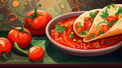 Wall Mural - mexican red pepper with tomato salsa and salt on black table