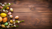 Easter Background - Easer Eggs With Some Twigs As Decoration On A Wooden Underground With Text Space