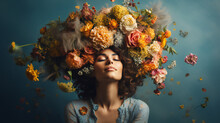 Portrait Of A Beautiful Woman With Her Head Covered With Flowers. Mental Health, Psychological Treatment Concept. Happiness And Joy, Dreaming. Psychology Theme, Thinking Positive
