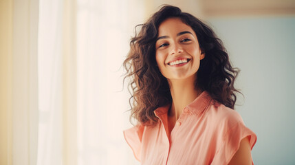 Wall Mural - Portrait of young happy beautiful woman smiling and standing isolated on light background in shirt.