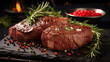 Grilled beef steak with rosemary and spices on a black background.