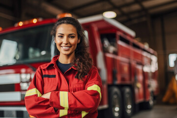 Portrait of a confident Hispanic female firefighter standing in front of the fire truck in her uniform ready to take action