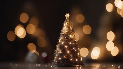 Wall Mural - Christmas tree and Christmas lights on bokeh and blurred background. decorations, xmas, celebrate new year happy festival, party, gift, present, card, happiness, countdown, gift box. holiday or party.