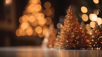 Wall Mural - Christmas tree and Christmas lights on bokeh and blurred background. decorations, xmas, celebrate new year happy festival, party, gift, present, card, happiness, countdown, gift box. holiday or party.