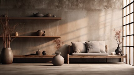 Modern interior japandi style design living room in natural tones. Scandinavian-inspired furniture, elegant accessories, minimal decor. Simplicity and natural beauty