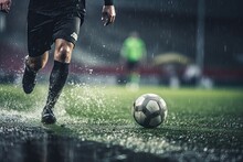 Soccer Kicking A Ball, Splashing Water On A Wet Field.