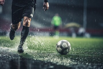 Soccer kicking a ball, splashing water on a wet field.