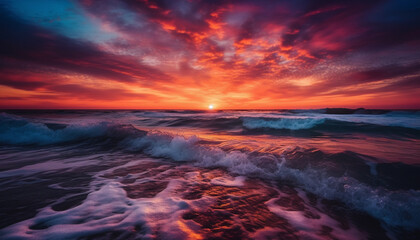 Wall Mural - Sunset over water, waves crash on rocky coastline generated by AI