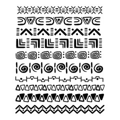 Wall Mural - Set african tribal motive border in doodle hand drawn style from geometrical shapes isolated on white background. boho scandinavian srtoke, traditional native decor.