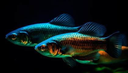 A colorful fish swims gracefully in the deep blue water generated by AI