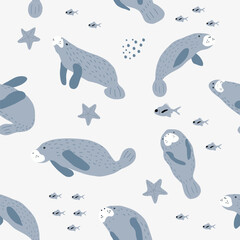 Wall Mural - Manatee. Ocean animals seamless pattern. Cute scandi background for fabric, wrapping, textile, wallpaper, apparel.