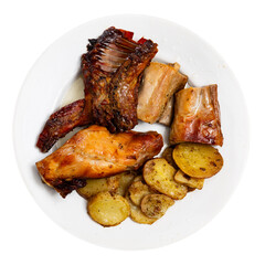 Wall Mural - Appetizing roasted rabbit pieces with vegetable garnish of fried potatoes. Delicious and satisfying homemade dinner. Isolated over white background