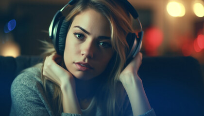 Sticker - Young woman enjoying music in a comfortable home interior setting generated by AI