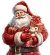 Wesoły Święty Mikołaj z torbą pełną prezentów na przezroczystym tle PNG.