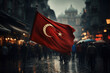 The Turkish flag on a bustling market street in Istanbul. Concept of vibrant bazaars and commerce. Generative Ai.
