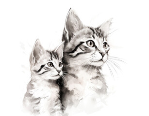 Wall Mural - Cat Mother with Kitten Looking Right in Black and White Graphic Isolated on White Background