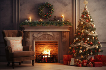 Sticker - Living room home interior with decorated fireplace and christmas tree, vintage style. Christmas Holidays