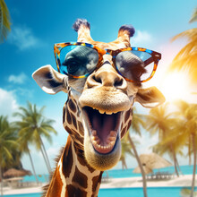 Smiling Giraffe Wearing Sunglasses On Beach. Generative AI.