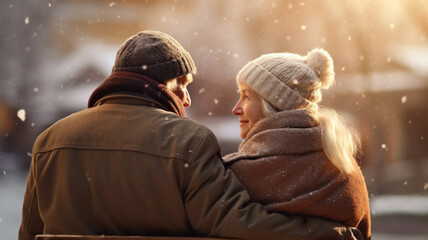 Wall Mural - Senior couple sitting on a park bench and looking each other. Elderly woman smiling and looking her husband. Both are enjoying life outdoors in snowy winter landscape. Blurry background.