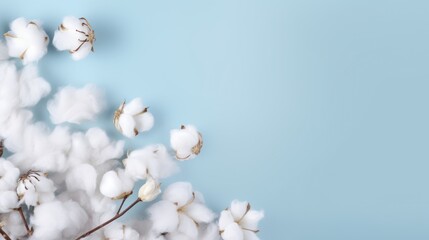 Background or mock up presentation with white fluffy cotton flowers and place for text. Natural eco organic fiber, cotton seeds, raw materials, agriculture