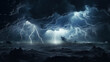 Thunderous dark sky with black clouds and flashing lightning. Panoramic view. Concept on the theme of weather, natural disasters, storms, typhoons, tornadoes, thunderstorms