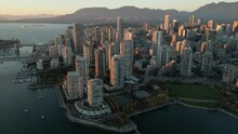 Aerial View Of The Skyscrapers In Downtown Of Vancouver At Sunset, Canada