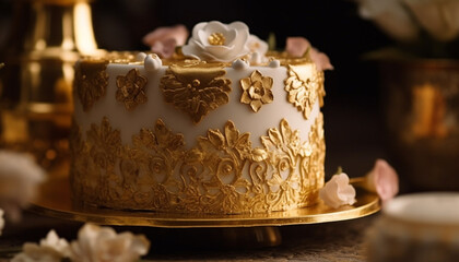 Sticker - Golden candle illuminates ornate wedding dessert table with chocolate indulgence generated by AI