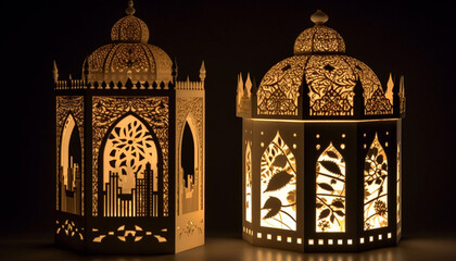 Wall Mural - Illuminated minaret symbolizes spirituality in Arabic style during Ramadan celebration generated by AI