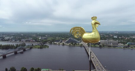 Poster - St. Peter's Church in Riga Latvia and Golden Rooster on the Top. It is a parish church of the Evangelical Lutheran Church of Latvia. Drone Point of View