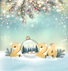 Wall Mural - Merry Christmas and Happy New Year Background with 2024 and transparent ball and branches of christmas tree. Vector