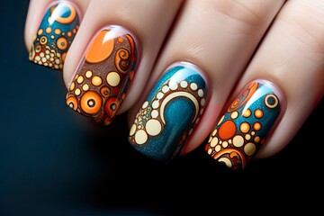 Vibrant Abstract Nail Art, Orange and Blue Design