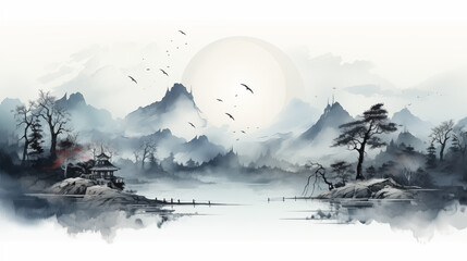 Wall Mural - Chinese traditional landscape painting. Watercolor hand drawn illustration. Landscape with Chinese temple on the lake.
