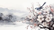 Watercolor Painting Of Cherry Blossom With Bird On White Background.
