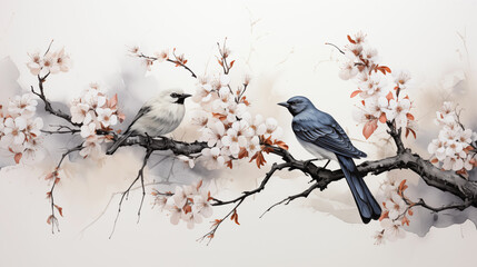 Watercolor painting of two birds on a branch of a blossoming tree