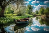 Fototapeta  - Beautiful Pond Background with wooden boat blue cloudy sky reflection in the water, beautiful natural cherry blossom tree