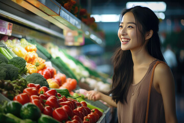 asian woman shopping for organic tomato in farmer market