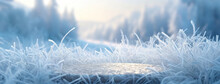 Winter white frost background. Frosted grass and shrubs in valley against forest mountain landscape. Atmospheric frost-covered dry plants during snowfall in the morning.