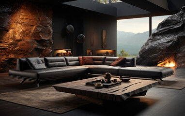 Wall Mural - A black leather couch in the middle of a living room