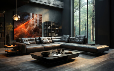 Wall Mural - A black leather couch in the middle of a living room