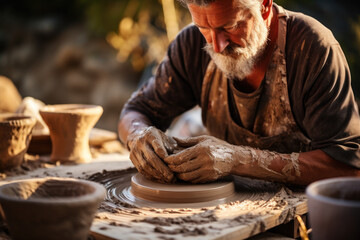 Canvas Print - A rural artisan potter shaping clay into unique pottery pieces at a pottery wheel. Concept of handcrafted ceramics. Generative Ai.