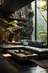 Wall Mural - A black leather couch in the middle of a living room