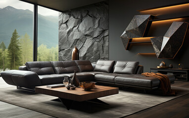 Wall Mural - A black leather couch in the middle of a living room