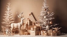 Beautiful Christmas Tree With Gift Boxes And Wooden Reindeer Near Beige Wall. Decorations, Xmas, Celebrate New Year Happy Festival, Party, Gift, Present, Card, Happiness, Countdown, Gift Box. Holiday.